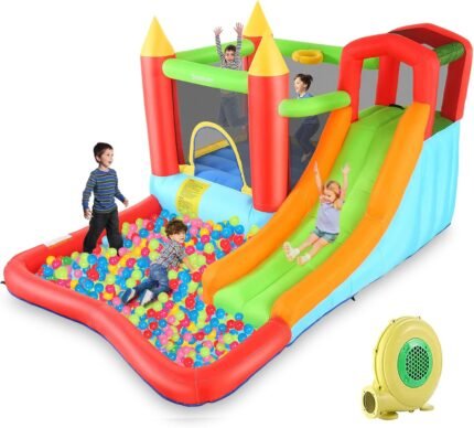 Inflatable Bounce House with Blower – Ages 3-12, Outdoor/Indoor Water Park with Slide, Climbing Wall, Ball Pit, Jumping Area